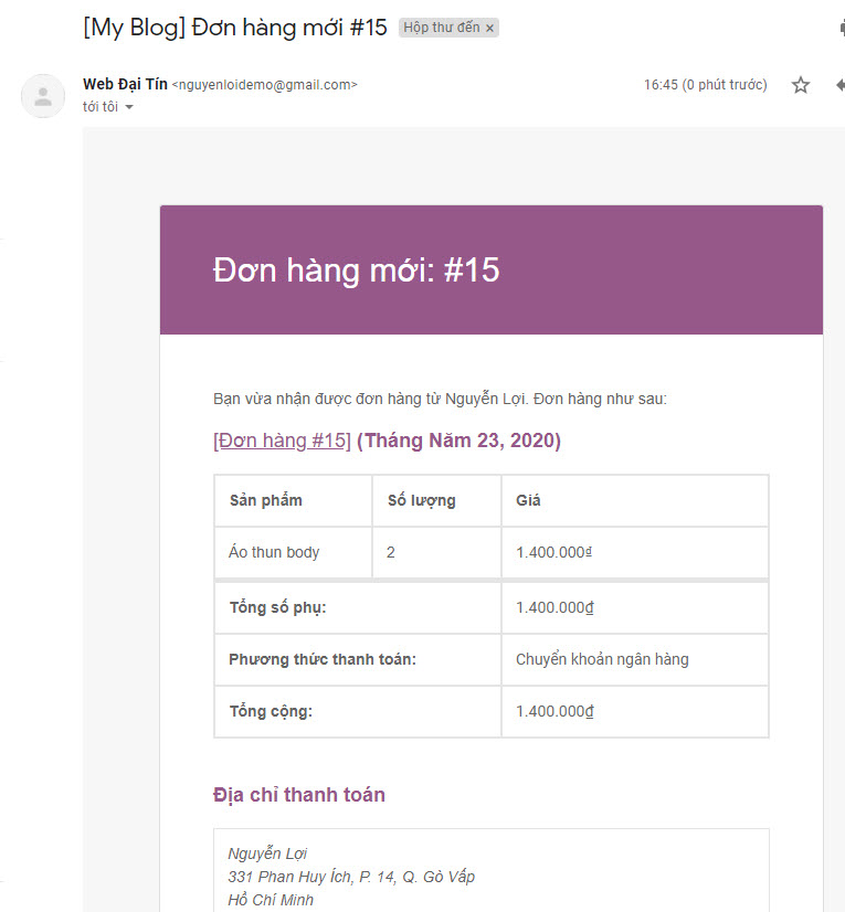 Đơn đặt hàng gửi về mail sau khi đã cấu hình